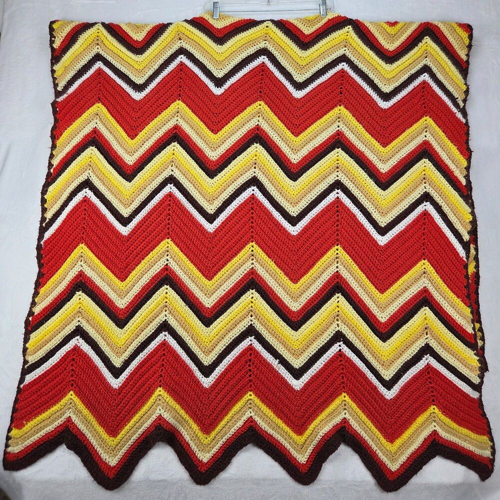 Vintage‎ Handmade Crochet Zig Zag Afghan 41x82” Chevron Blanket Earth Tones